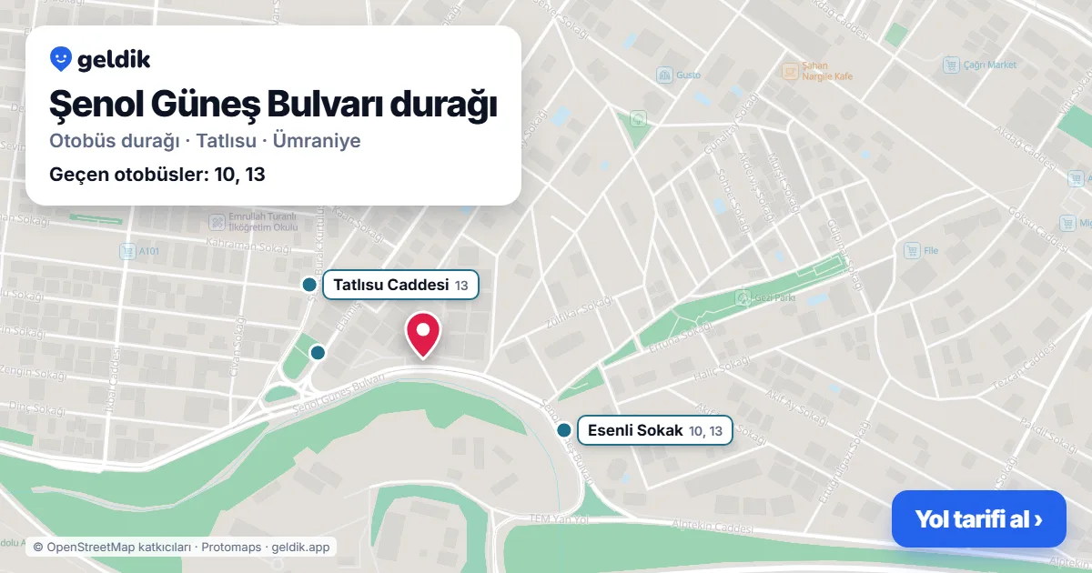 Şenol Güneş Bulvarı otobüs durağı haritada: konumu ve yakındaki duraklar