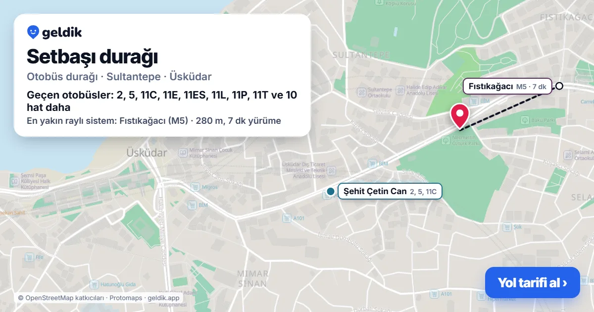 Setbaşı otobüs durağı haritada: konumu ve yakındaki duraklar