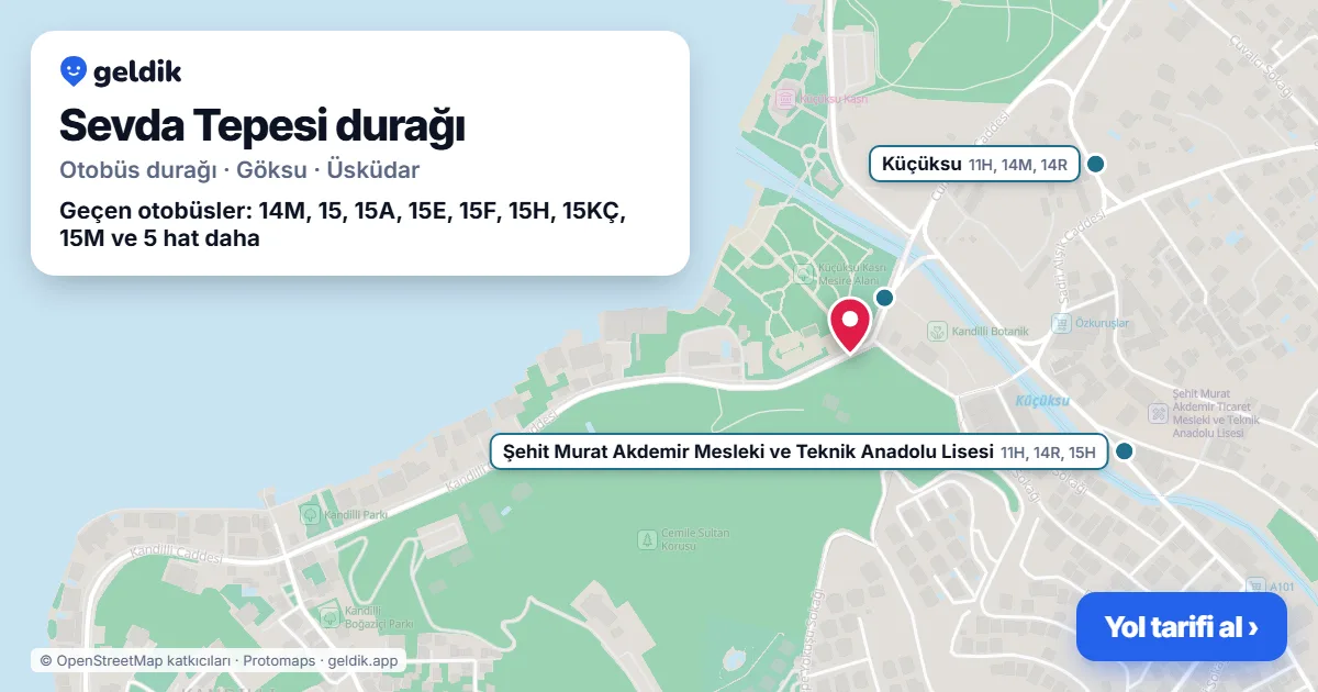 Sevda Tepesi otobüs durağı haritada: konumu ve yakındaki duraklar