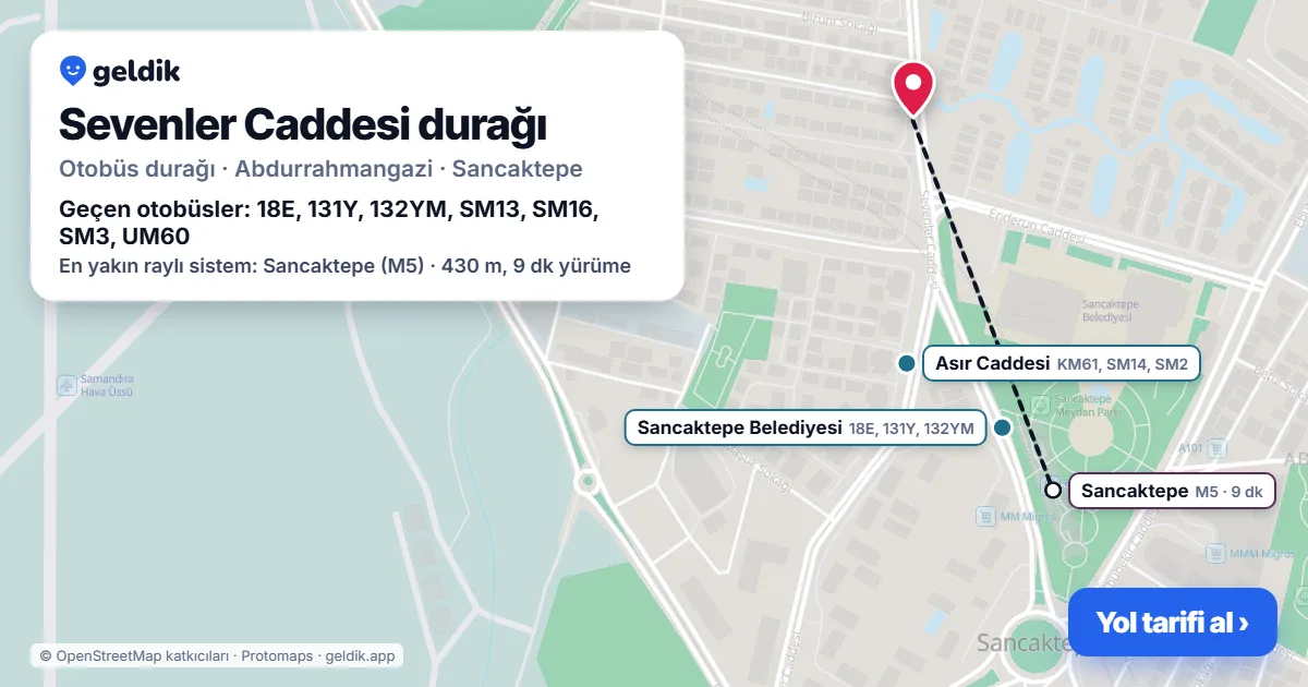 Sevenler Caddesi otobüs durağı haritada: konumu ve yakındaki duraklar