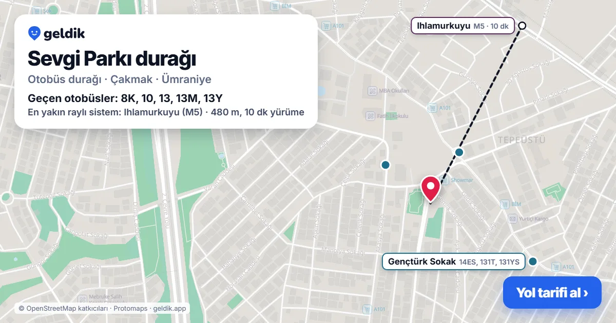 Sevgi Parkı otobüs durağı haritada: konumu ve yakındaki duraklar
