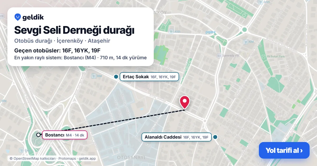 Sevgi Seli Derneği otobüs durağı haritada: konumu ve yakındaki duraklar