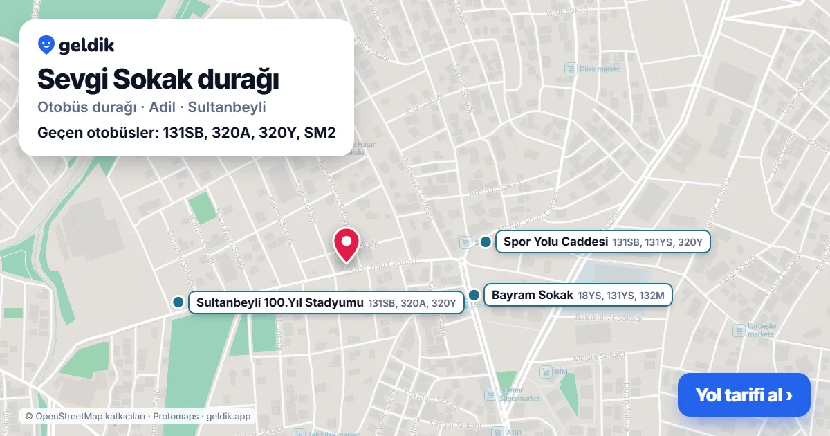 Sevgi Sokak otobüs durağı haritada: konumu ve yakındaki duraklar