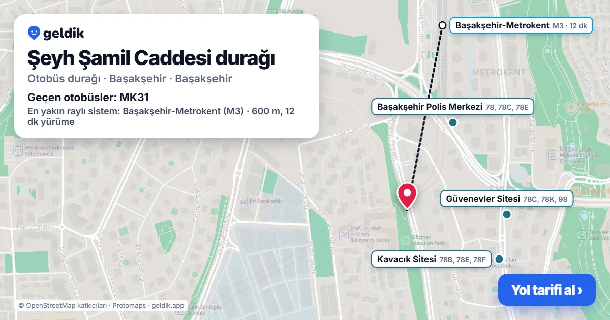 Şeyh Şamil Caddesi otobüs durağı haritada: konumu ve yakındaki duraklar
