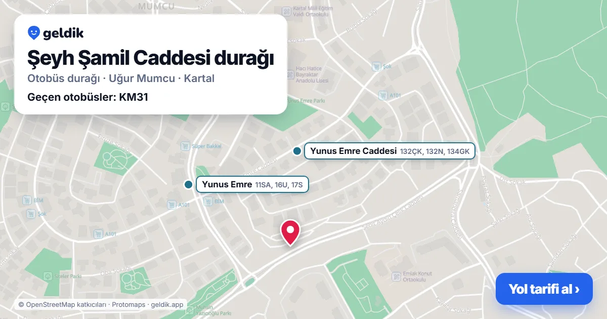 Şeyh Şamil Caddesi otobüs durağı haritada: konumu ve yakındaki duraklar