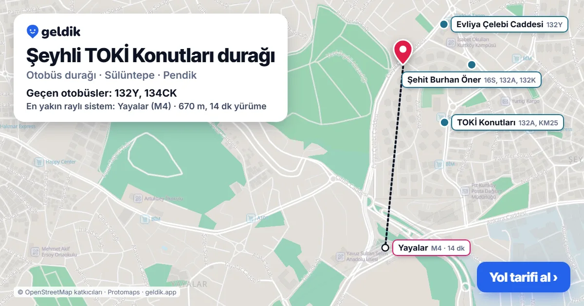 Şeyhli TOKİ Konutları otobüs durağı haritada: konumu ve yakındaki duraklar