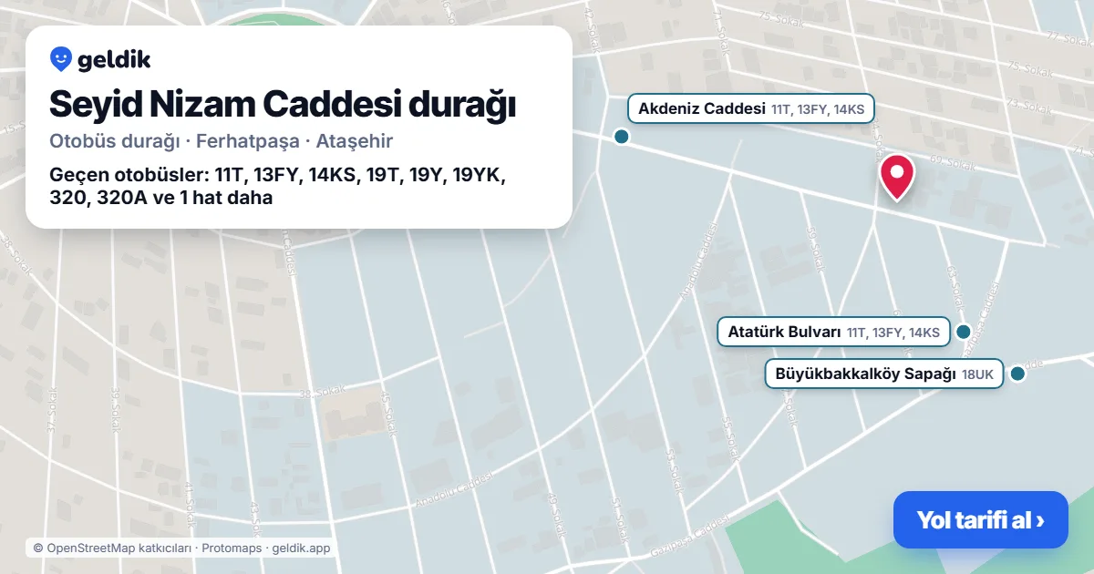 Seyid Nizam Caddesi otobüs durağı haritada: konumu ve yakındaki duraklar