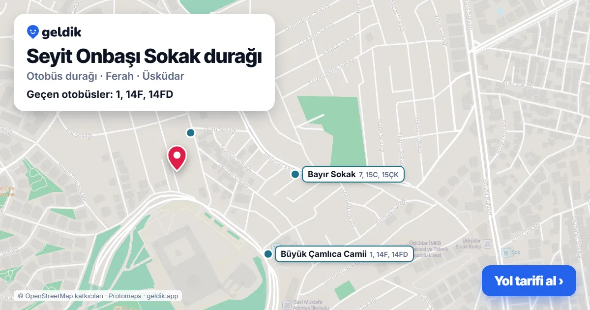 Seyit Onbaşı Sokak otobüs durağı haritada: konumu ve yakındaki duraklar