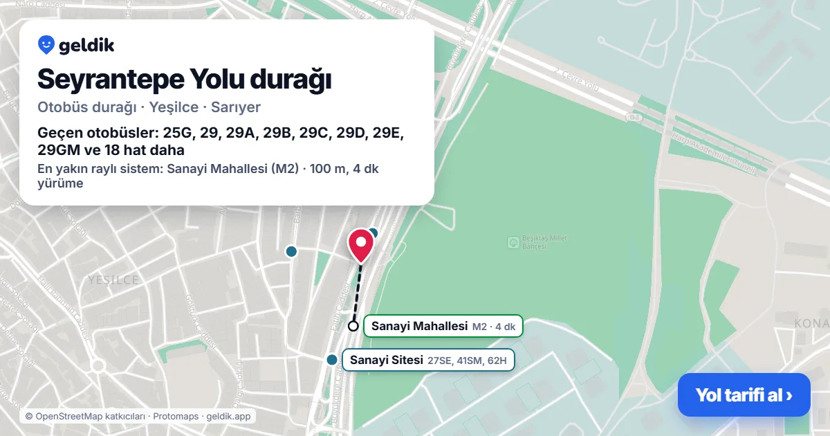 Seyrantepe Yolu otobüs durağı haritada: konumu ve yakındaki duraklar