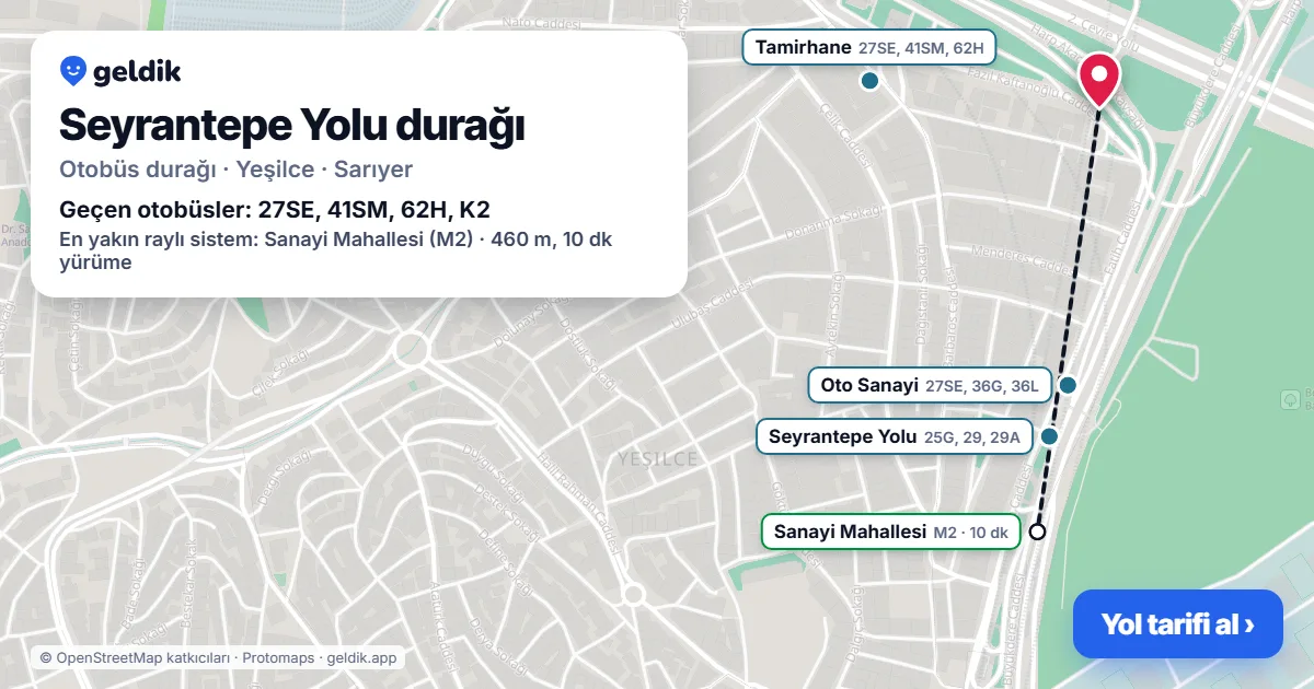 Seyrantepe Yolu otobüs durağı haritada: konumu ve yakındaki duraklar