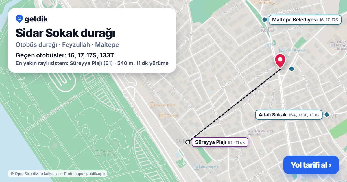 Sidar Sokak otobüs durağı haritada: konumu ve yakındaki duraklar