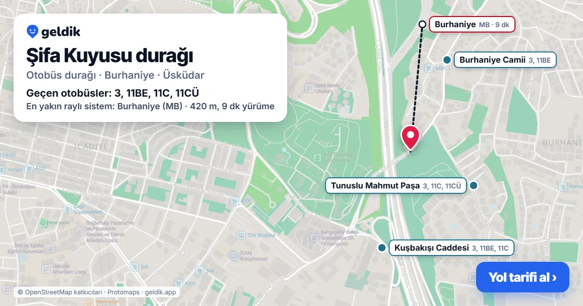 Şifa Kuyusu otobüs durağı haritada: konumu ve yakındaki duraklar