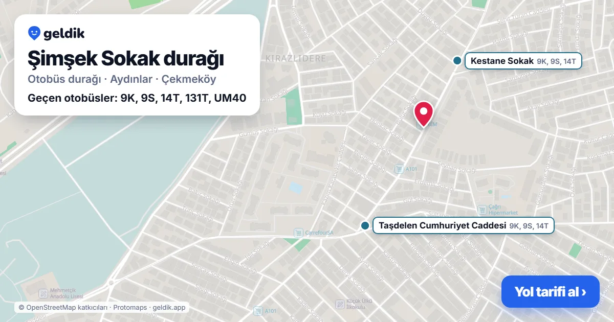 Şimşek Sokak otobüs durağı haritada: konumu ve yakındaki duraklar