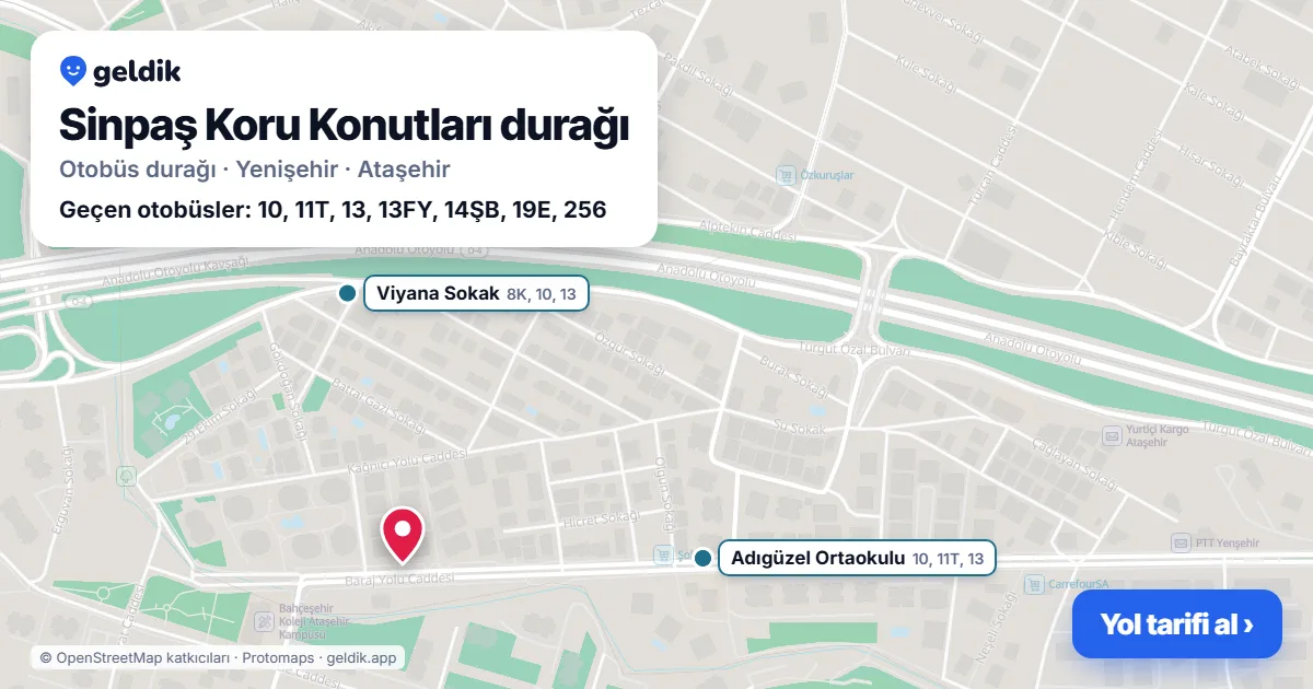 Sinpaş Koru Konutları otobüs durağı haritada: konumu ve yakındaki duraklar