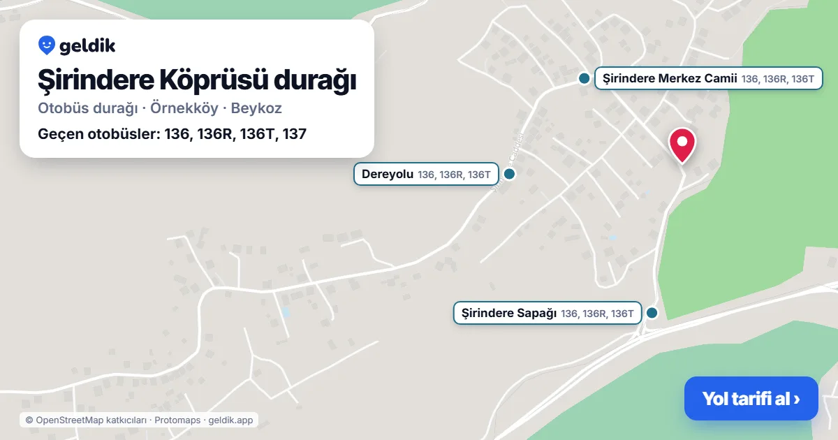 Şirindere Köprüsü otobüs durağı haritada: konumu ve yakındaki duraklar