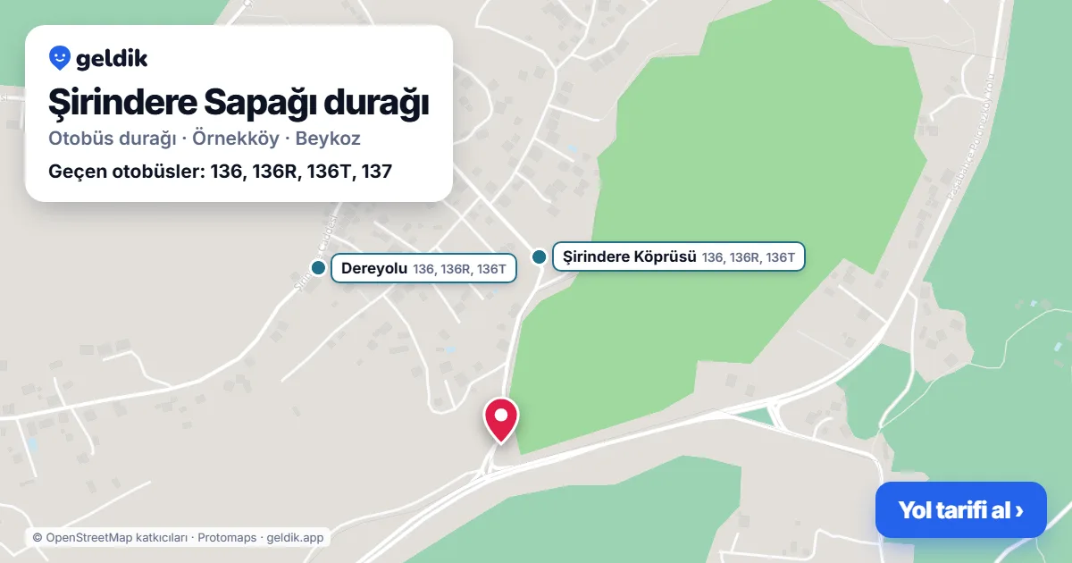 Şirindere Sapağı otobüs durağı haritada: konumu ve yakındaki duraklar