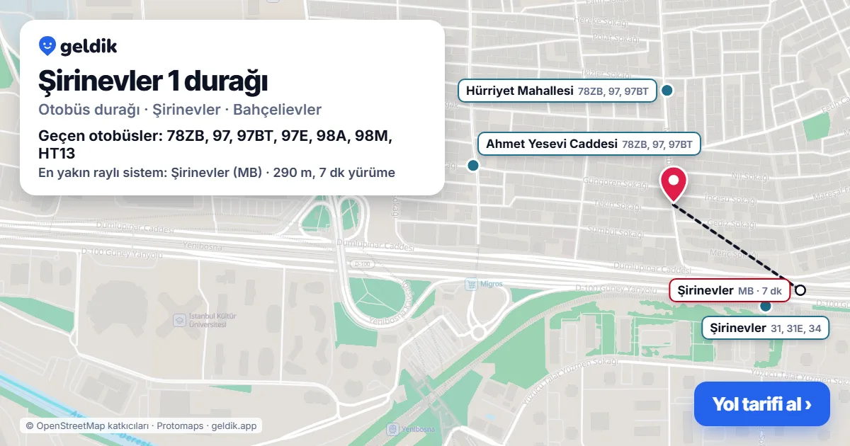 Şirinevler 1 otobüs durağı haritada: konumu ve yakındaki duraklar