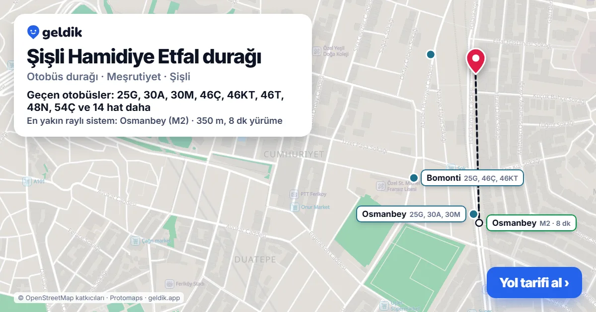 Şişli Hamidiye Etfal otobüs durağı haritada: konumu ve yakındaki duraklar