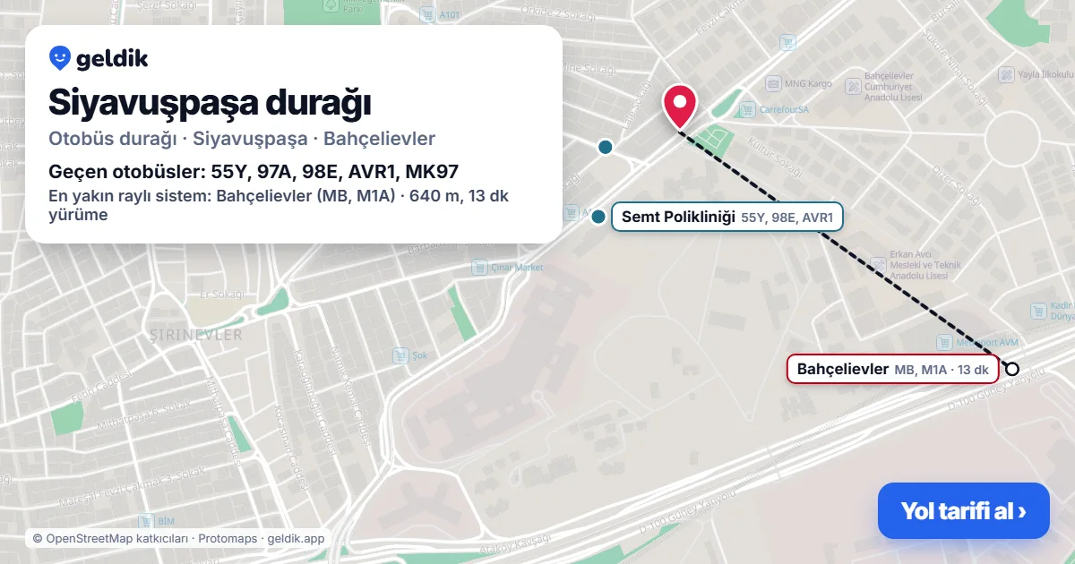 Siyavuşpaşa otobüs durağı haritada: konumu ve yakındaki duraklar