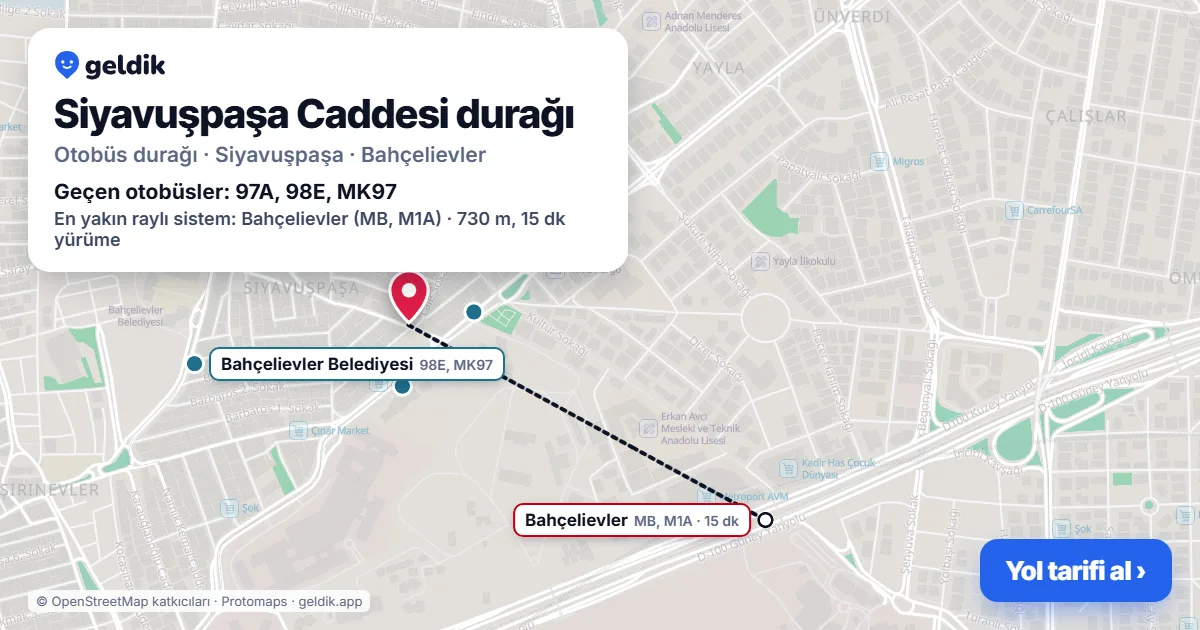 Siyavuşpaşa Caddesi otobüs durağı haritada: konumu ve yakındaki duraklar