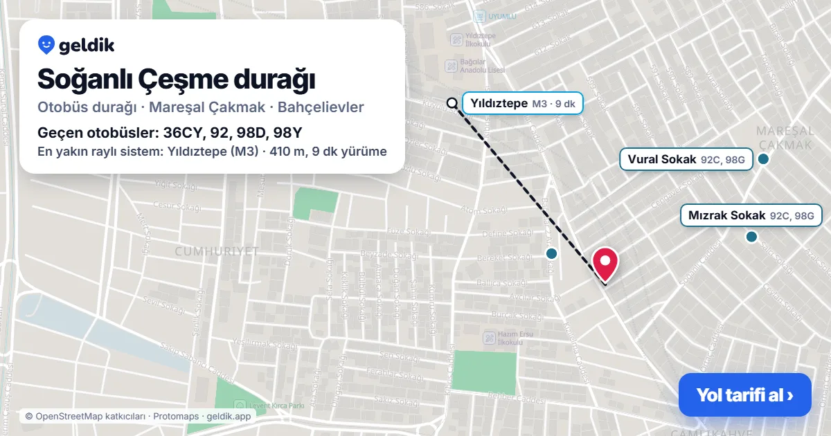 Soğanlı Çeşme otobüs durağı haritada: konumu ve yakındaki duraklar