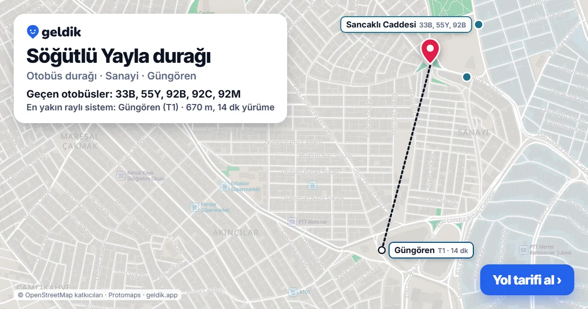 Söğütlü Yayla otobüs durağı haritada: konumu ve yakındaki duraklar