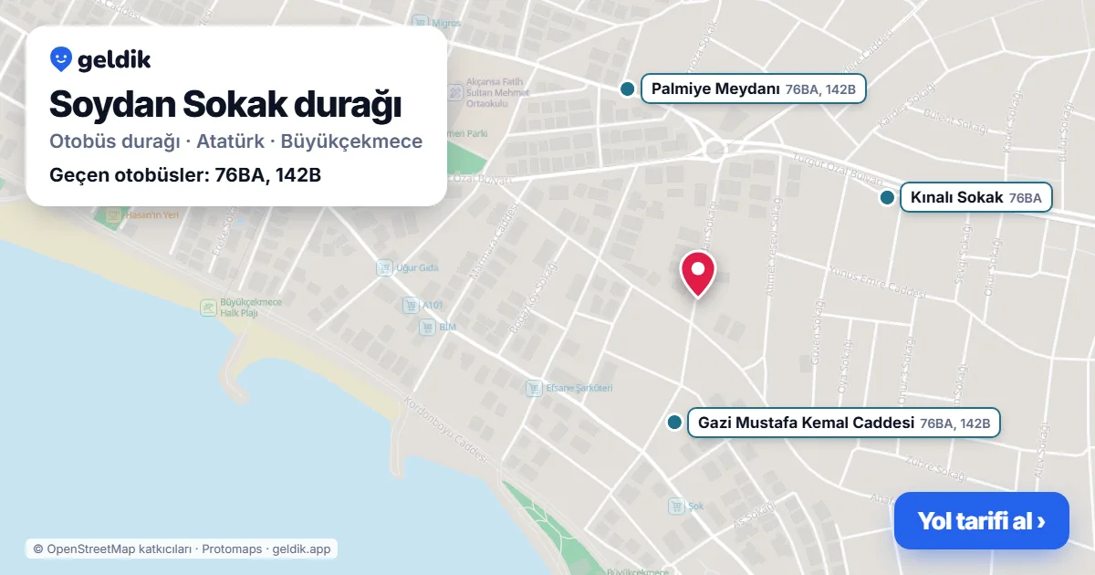 Soydan Sokak otobüs durağı haritada: konumu ve yakındaki duraklar
