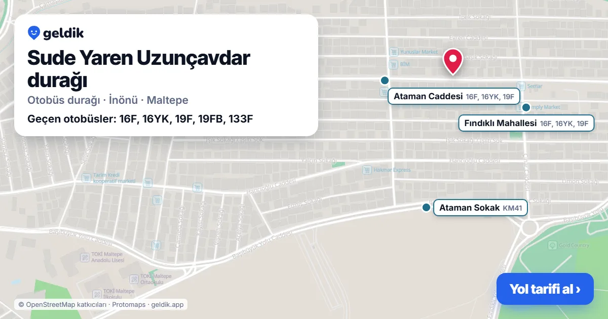 Sude Yaren Uzunçavdar otobüs durağı haritada: konumu ve yakındaki duraklar