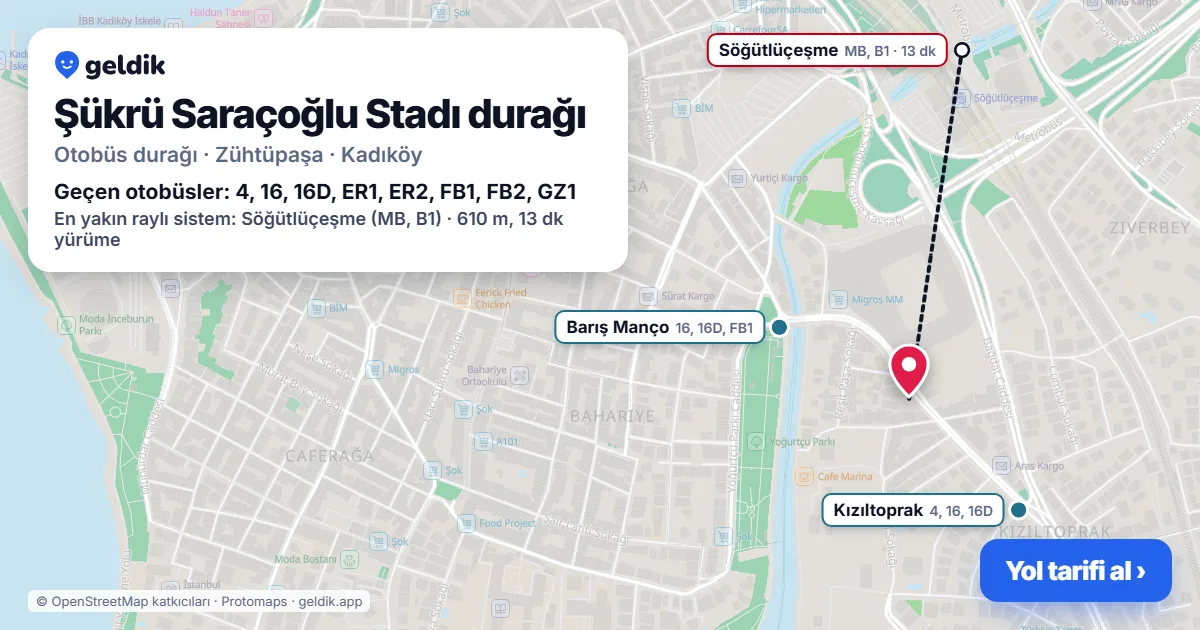 Şükrü Saraçoğlu Stadı otobüs durağı haritada: konumu ve yakındaki duraklar