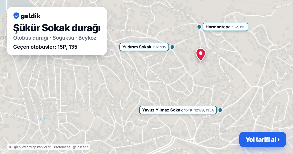 Şükür Sokak otobüs durağı haritada: konumu ve yakındaki duraklar