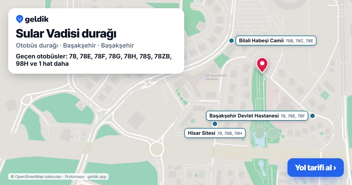 Sular Vadisi otobüs durağı haritada: konumu ve yakındaki duraklar