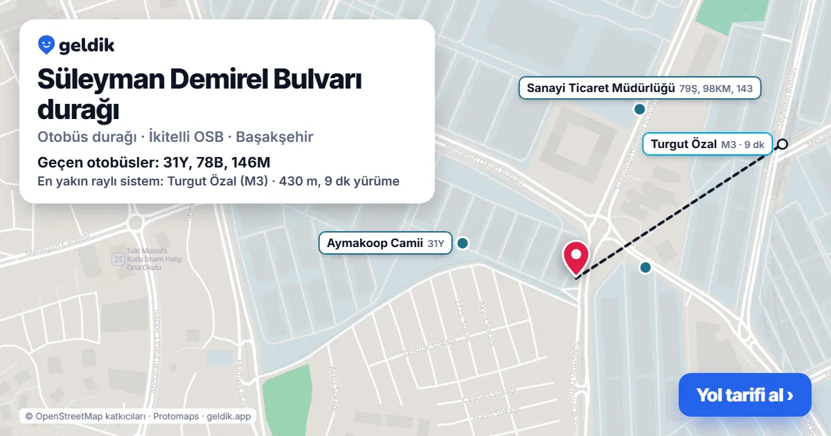 Süleyman Demirel Bulvarı otobüs durağı haritada: konumu ve yakındaki duraklar