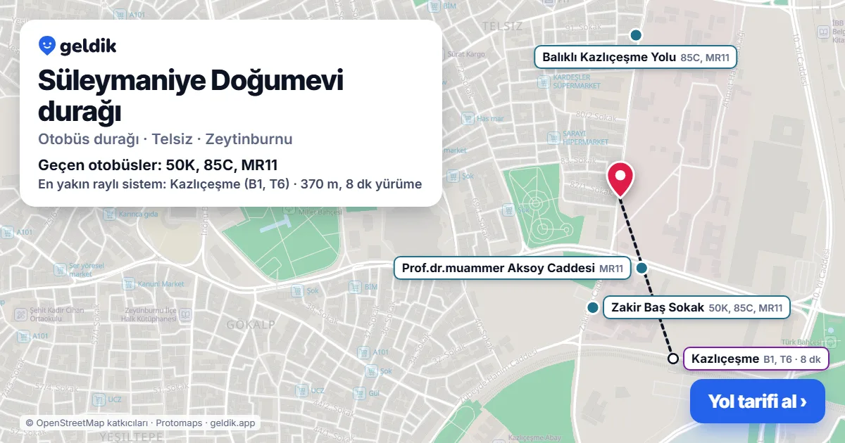 Süleymaniye Doğumevi otobüs durağı haritada: konumu ve yakındaki duraklar