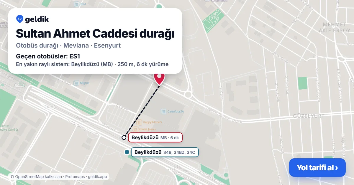Sultan Ahmet Caddesi otobüs durağı haritada: konumu ve yakındaki duraklar