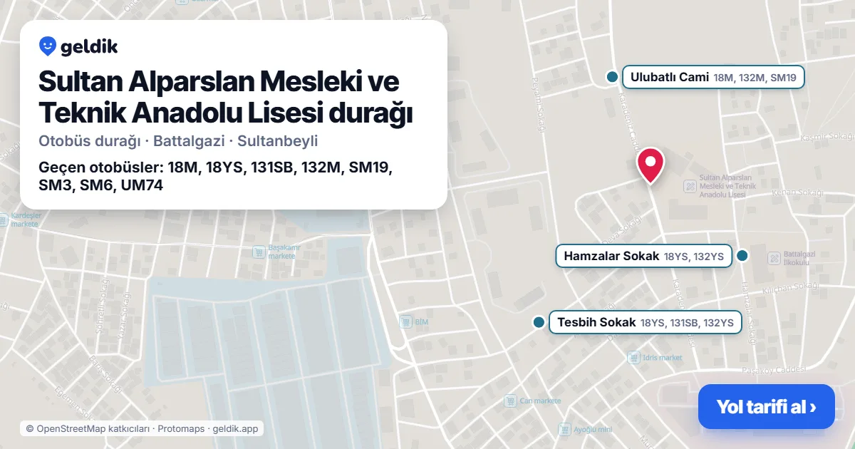 Sultan Alparslan Mesleki ve Teknik Anadolu Lisesi otobüs durağı haritada: konumu ve yakındaki duraklar