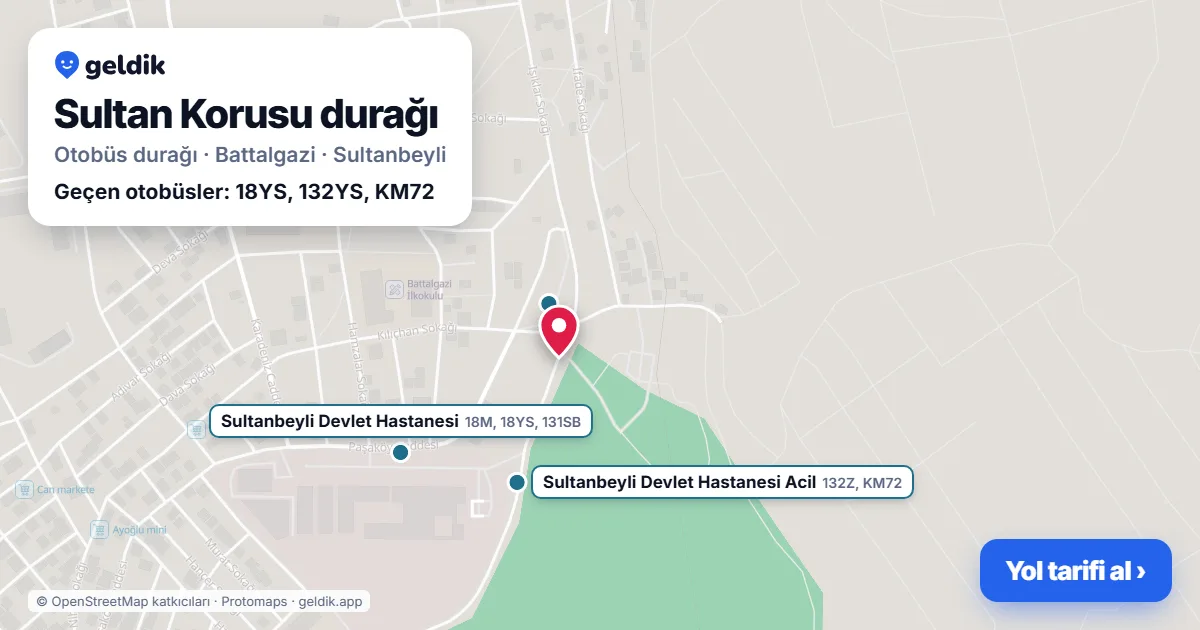Sultan Korusu otobüs durağı haritada: konumu ve yakındaki duraklar
