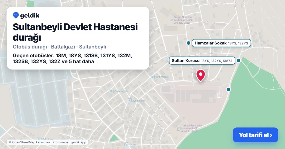 Sultanbeyli Devlet Hastanesi otobüs durağı haritada: konumu ve yakındaki duraklar
