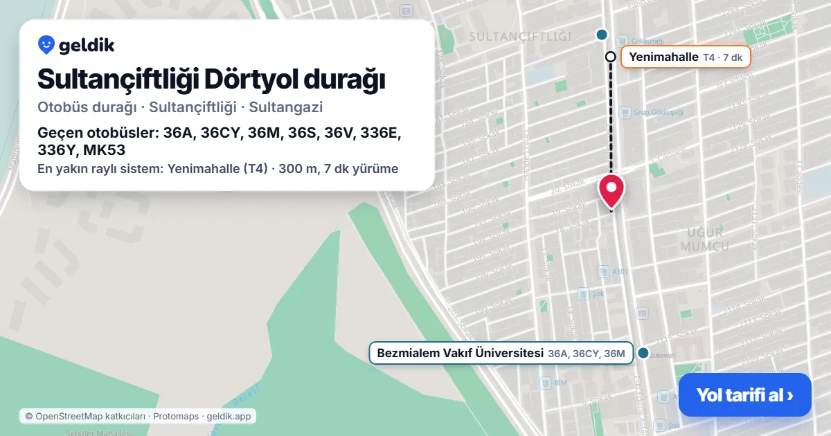 Sultançiftliği Dörtyol otobüs durağı haritada: konumu ve yakındaki duraklar