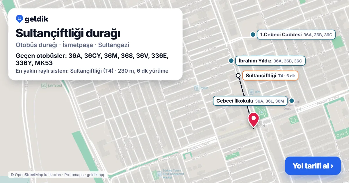 Sultançiftliği otobüs durağı haritada: konumu ve yakındaki duraklar