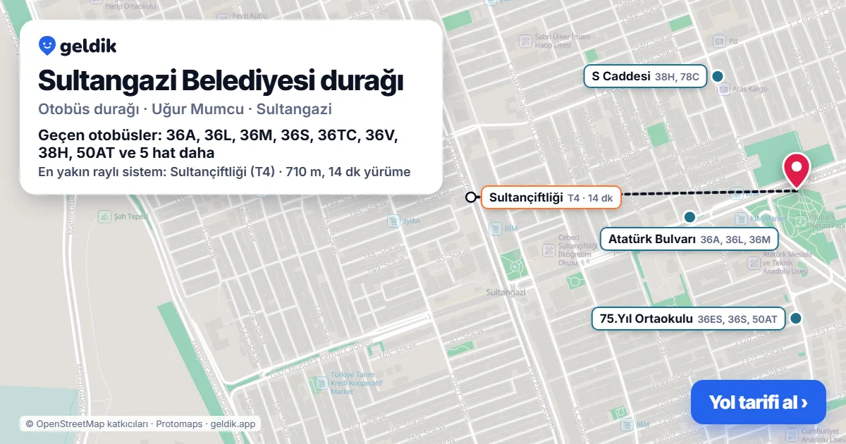 Sultangazi Belediyesi otobüs durağı haritada: konumu ve yakındaki duraklar