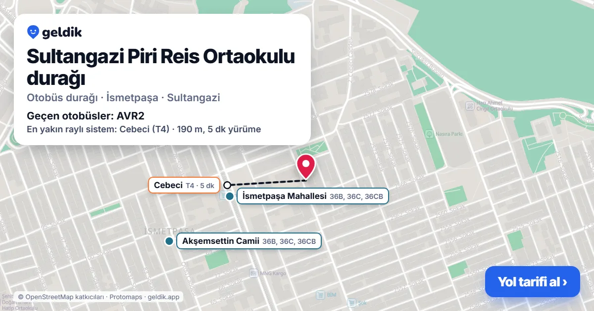 Sultangazi Piri Reis Ortaokulu otobüs durağı haritada: konumu ve yakındaki duraklar