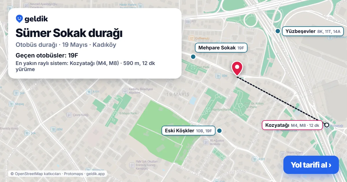 Sümer Sokak otobüs durağı haritada: konumu ve yakındaki duraklar