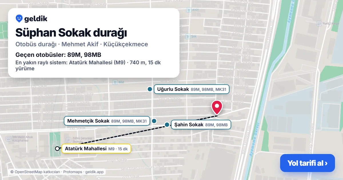 Süphan Sokak otobüs durağı haritada: konumu ve yakındaki duraklar