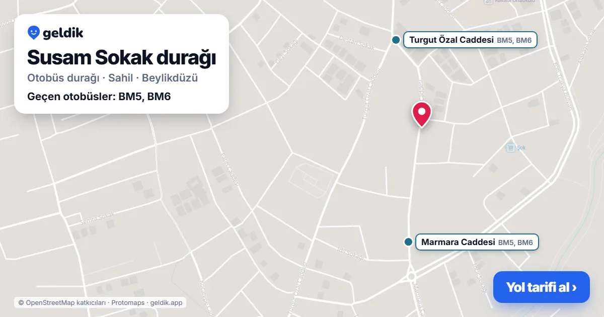 Susam Sokak otobüs durağı haritada: konumu ve yakındaki duraklar
