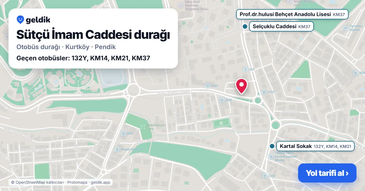 Sütçü İmam Caddesi otobüs durağı haritada: konumu ve yakındaki duraklar