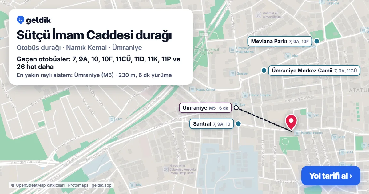 Sütçü İmam Caddesi otobüs durağı haritada: konumu ve yakındaki duraklar