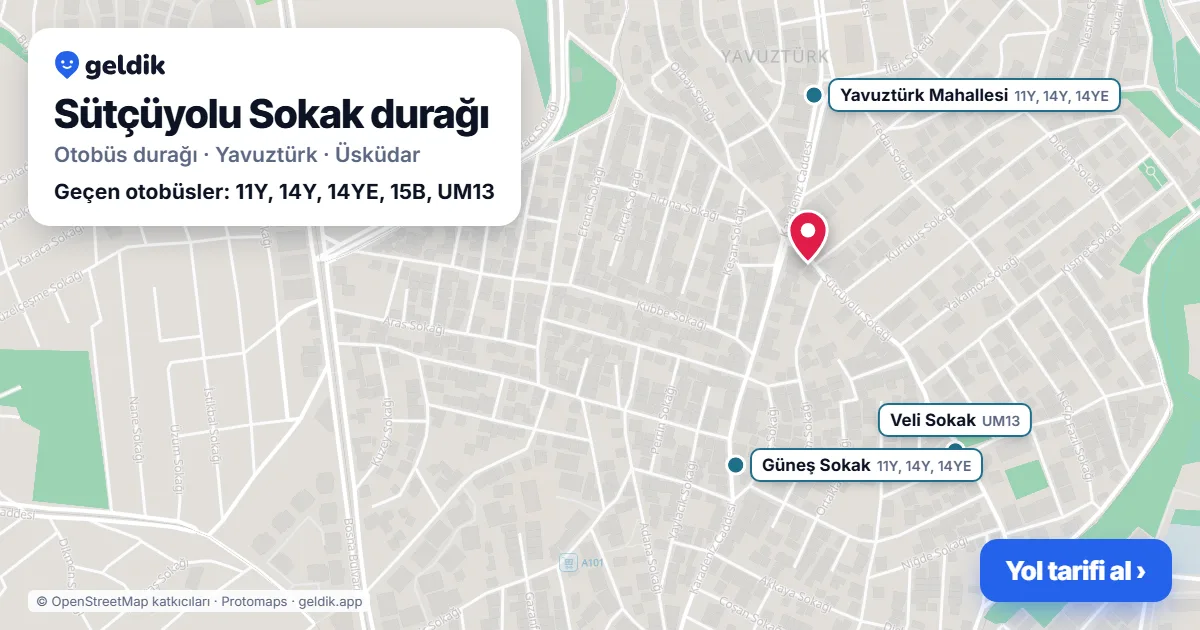 Sütçüyolu Sokak otobüs durağı haritada: konumu ve yakındaki duraklar