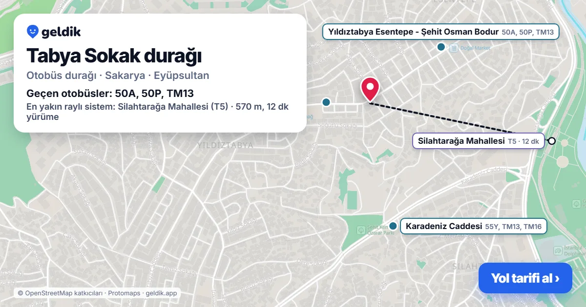 Tabya Sokak otobüs durağı haritada: konumu ve yakındaki duraklar