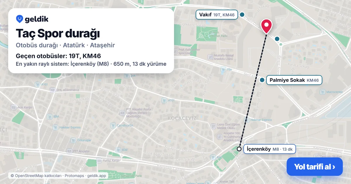 Taç Spor otobüs durağı haritada: konumu ve yakındaki duraklar