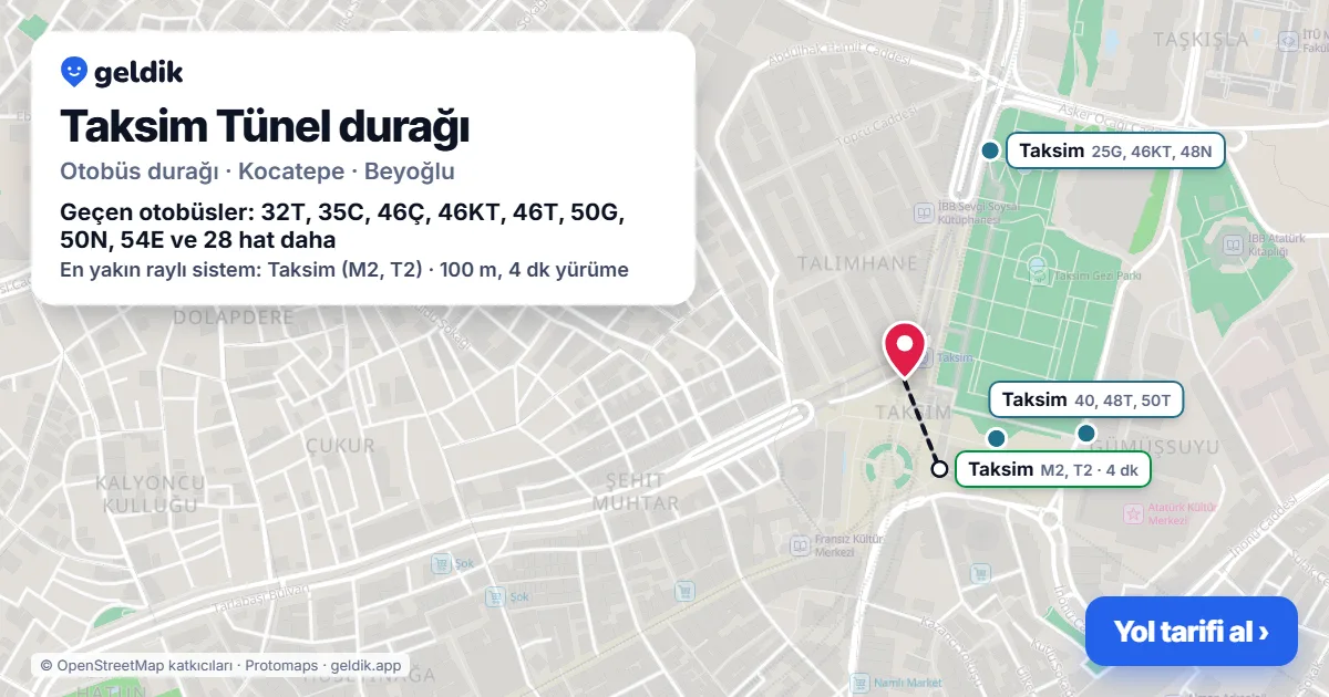 Taksim Tünel otobüs durağı haritada: konumu ve yakındaki duraklar